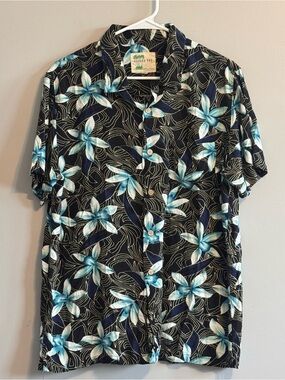 Kahuna Bay Hawaiian Shirt Men’s L Black Blue Floral 100% Viscose Aloha